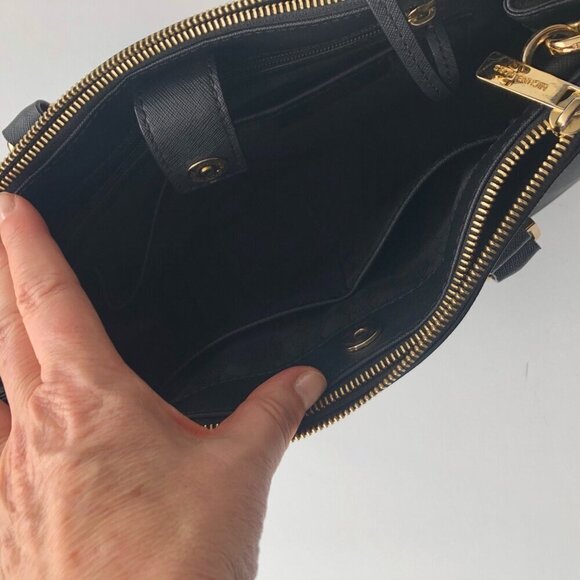MK MICHAEL KORS SUTTON Saffiano Leather Black Gold Med Handbag 12.5 x 9 x 4" - Picture 10 of 16